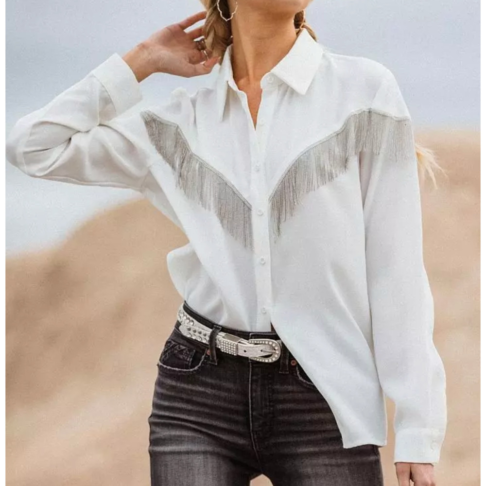 NEW STERLING & STITCH WHITE FRINGE WESTERN BLOUSE SHIRT TOP THE BUCKLE SZ XL